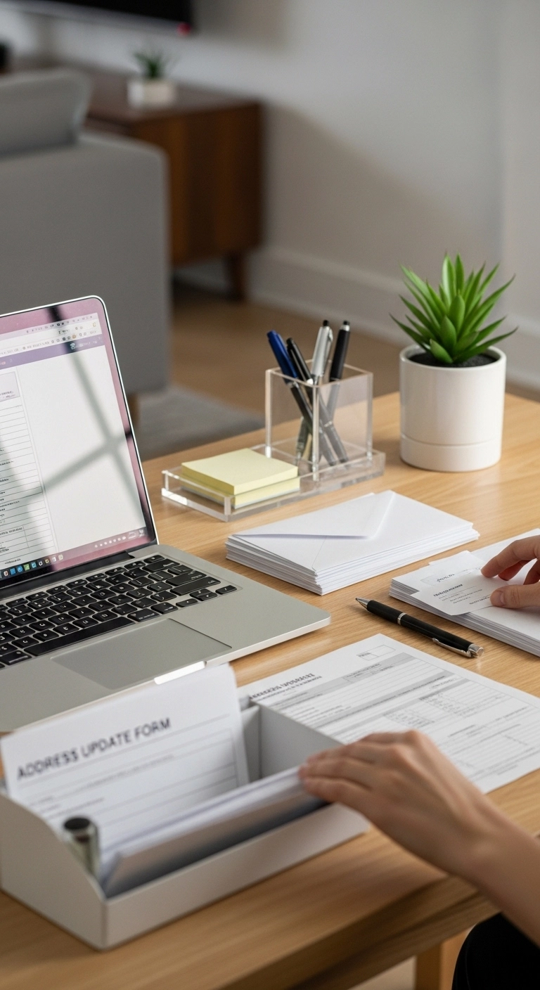 New homeowner checklist showing address update paperwork at home desk