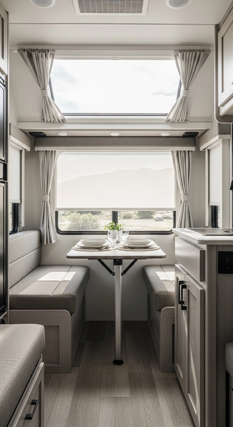 camper interior ideas with simple roller shades and light curtains