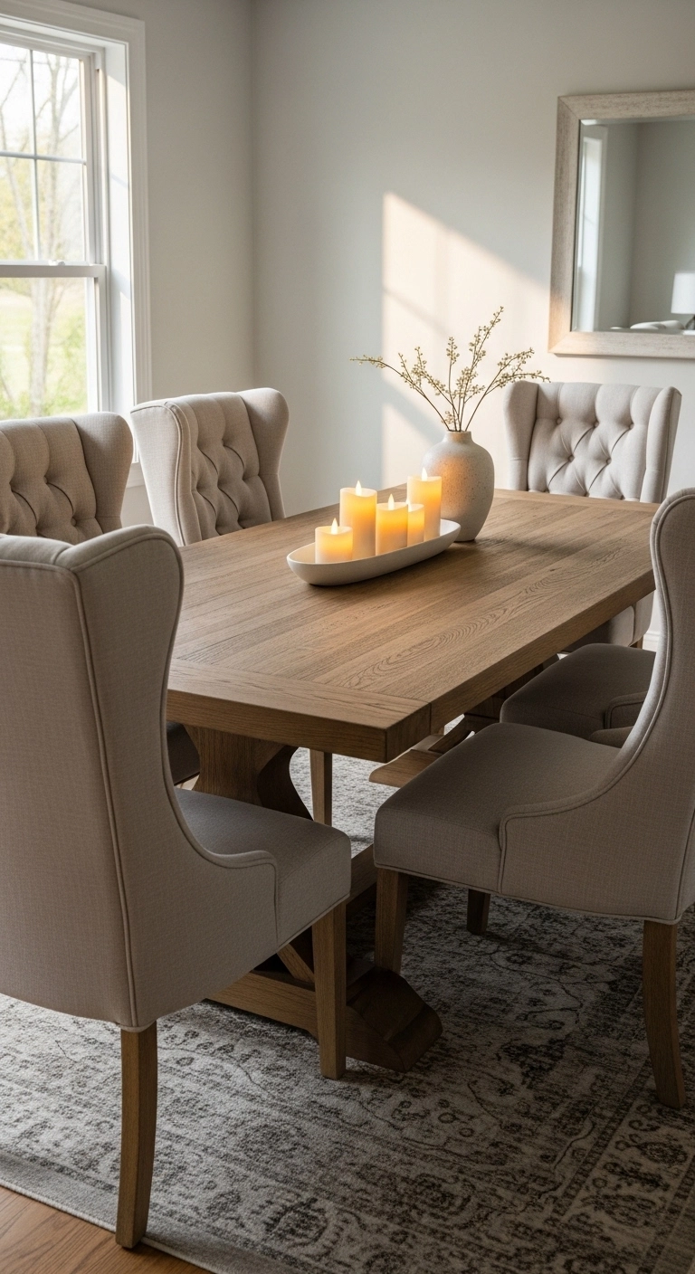 Dining room ideas with upholstered chairs and a warm comfortable table setting