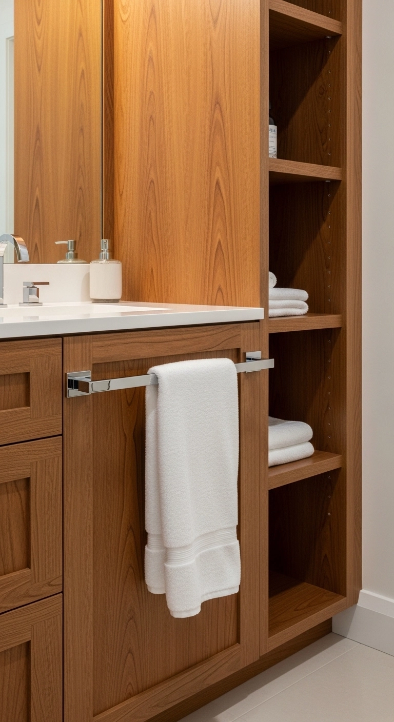 Bathroom towel hanging ideas with a towel bar on the side of a vanity