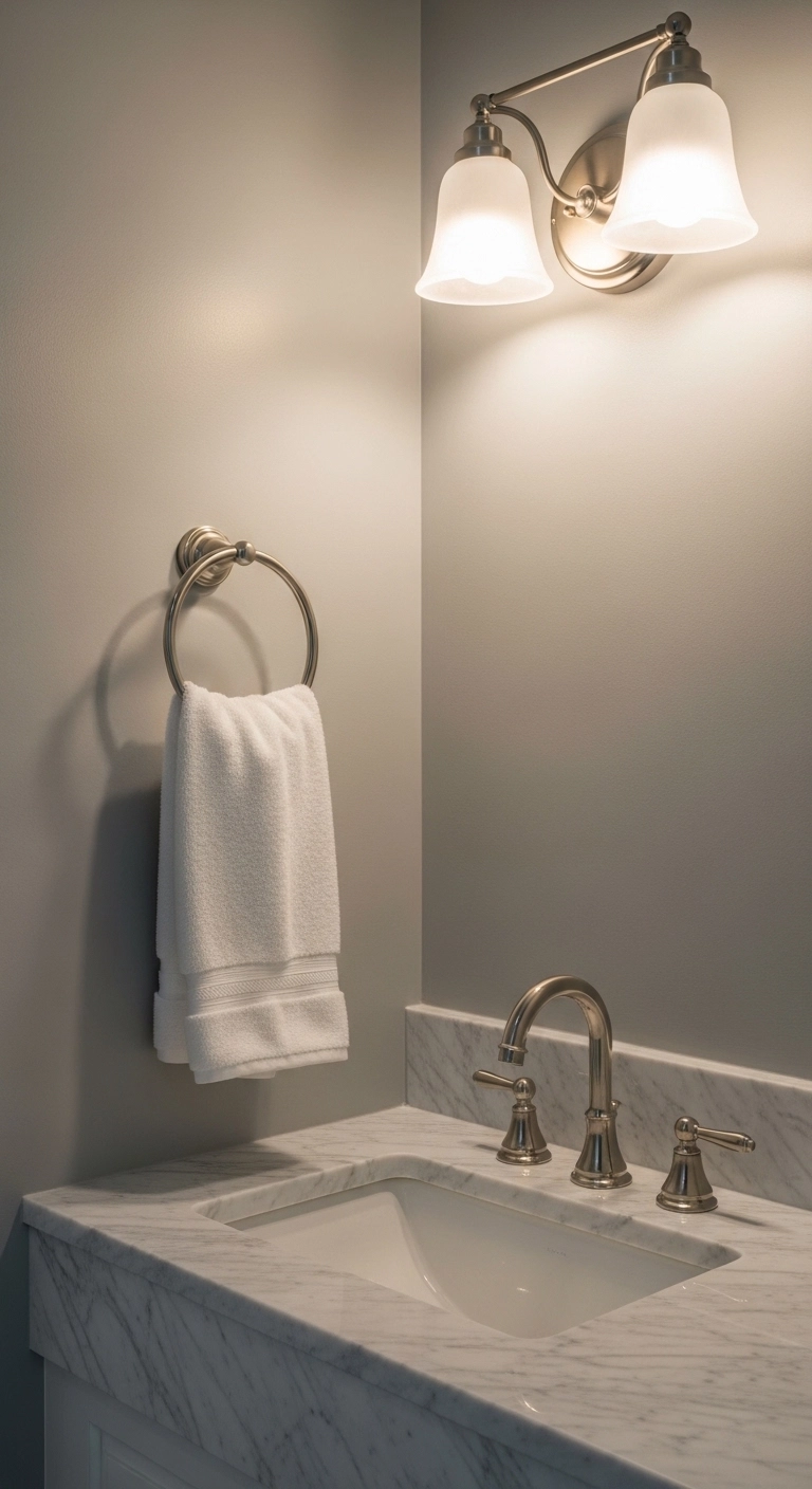 Bathroom towel hanging ideas with a towel ring beside a powder room sink