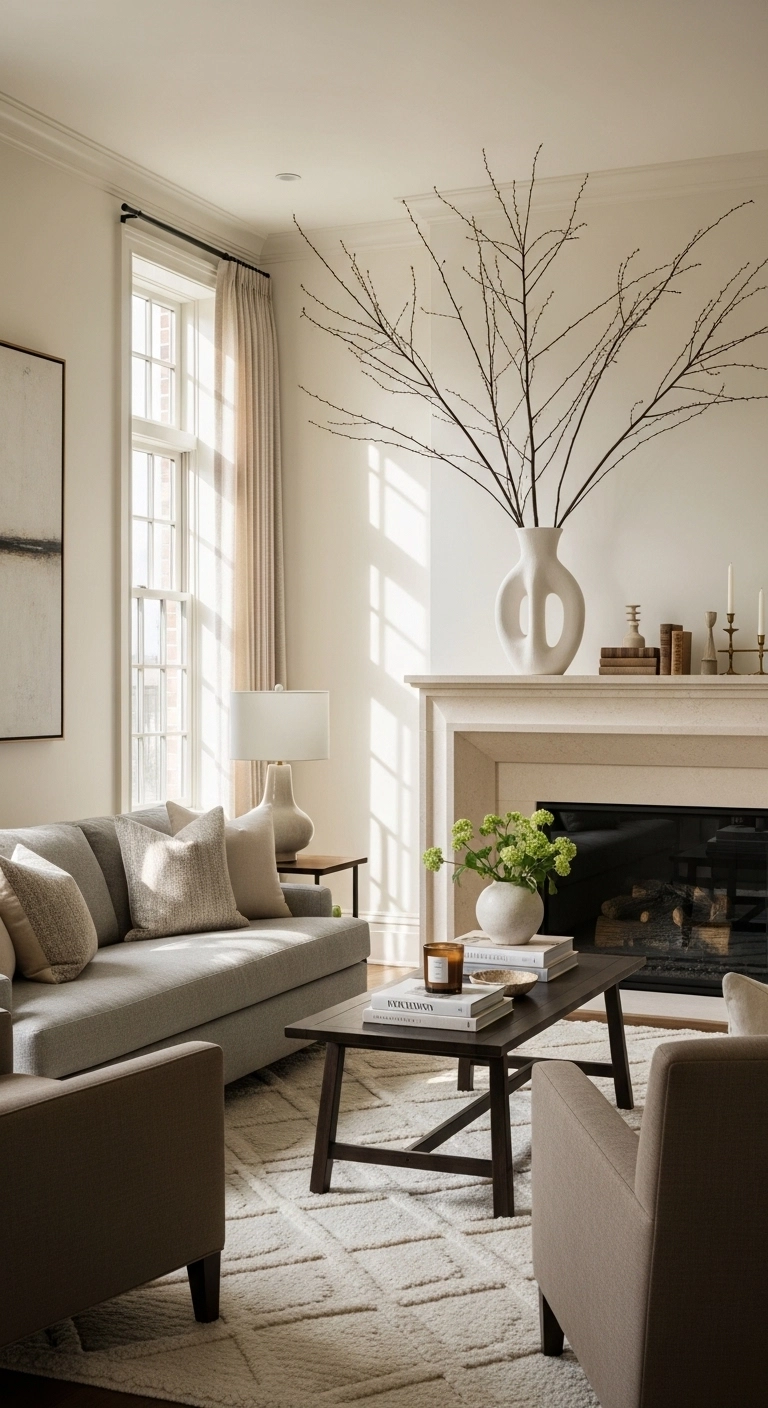 Fireplace decor ideas with a statement vase and branches above the mantel