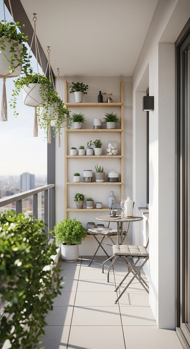 apartment balcony ideas using vertical shelves and hanging planters