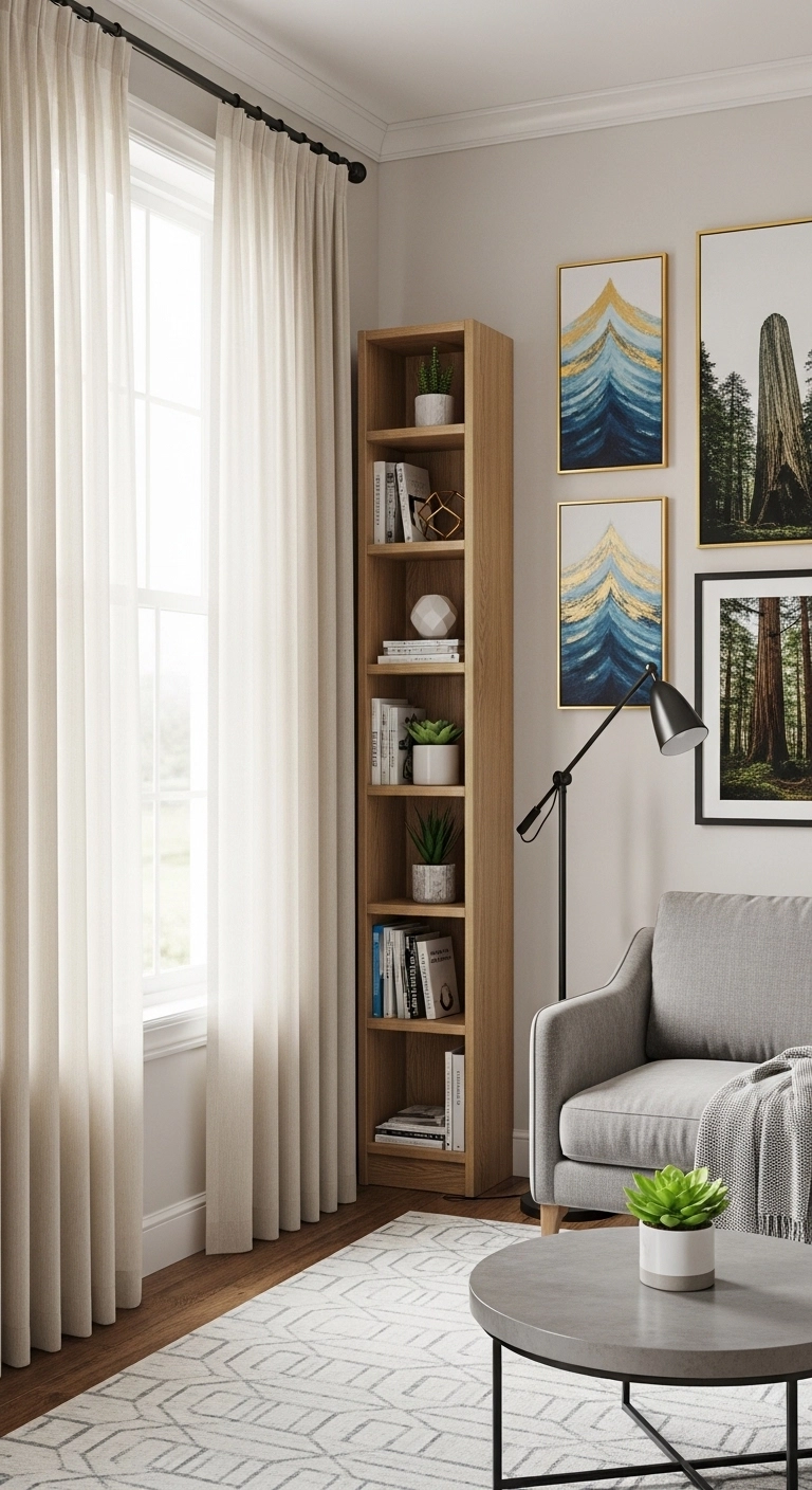 small living room decor ideas with tall curtains and vertical details