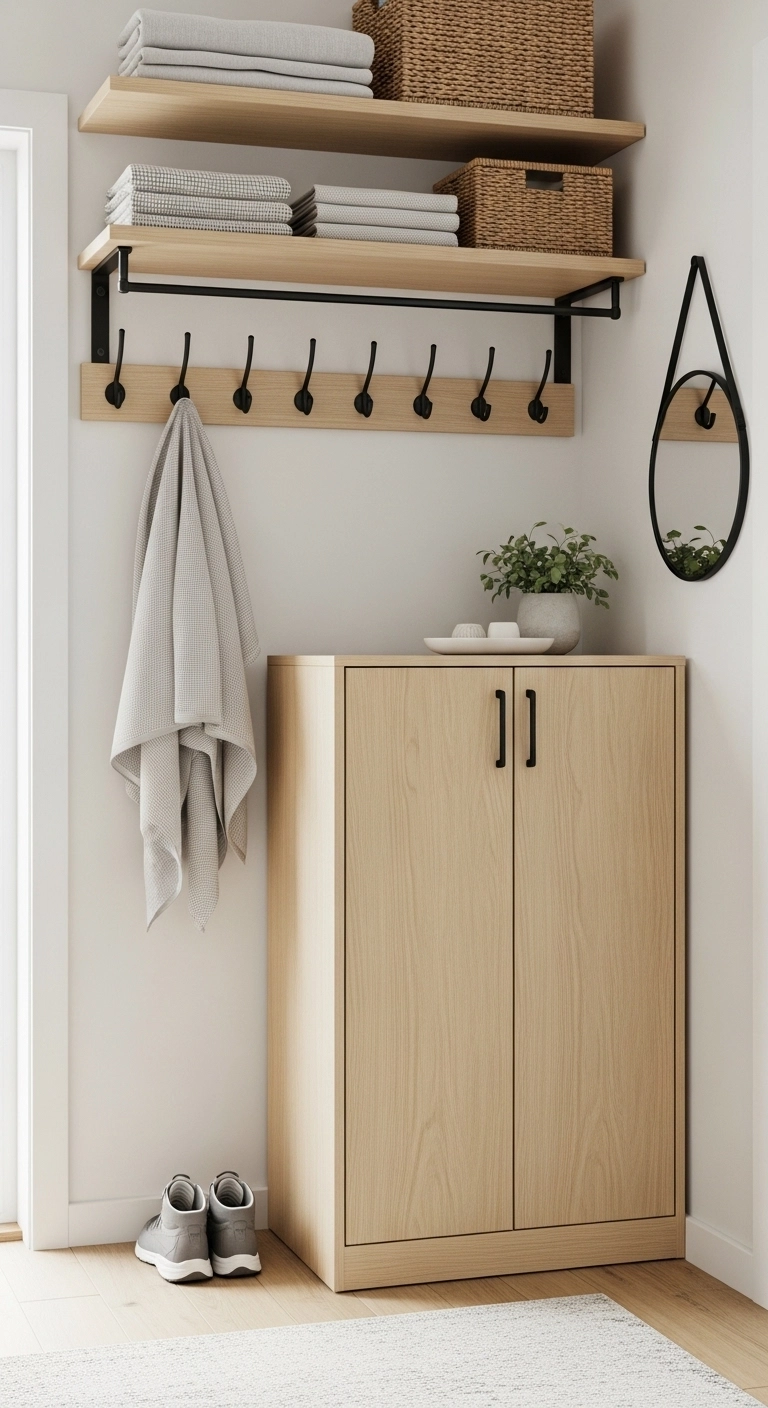 small entryway ideas using vertical shelves and cabinets