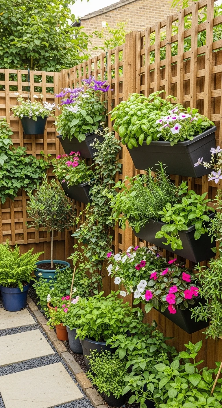 budget small backyard ideas with wall planters and a trellis on the fence