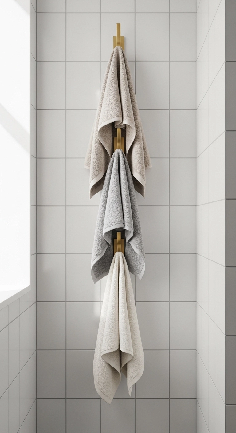 Bathroom towel hanging ideas with vertical wall hooks in a narrow bathroom
