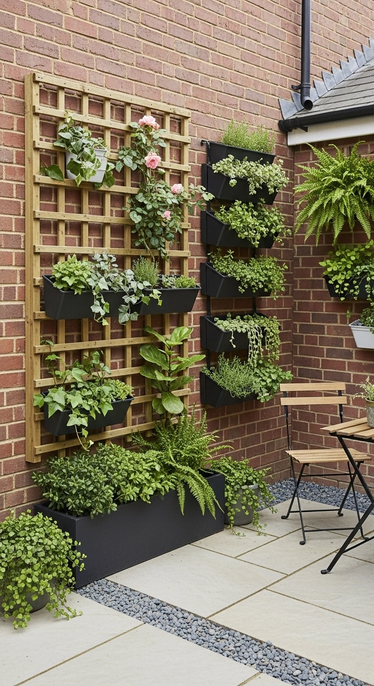 small backyard landscape design ideas with vertical planting on a trellis