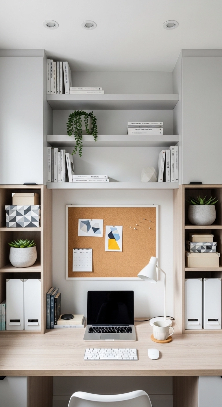 home office ideas with vertical wall storage above desk