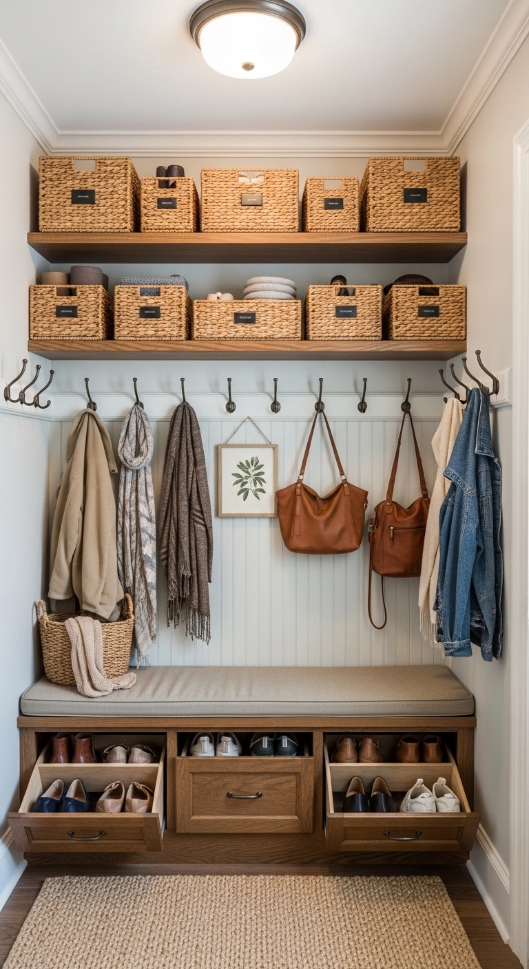 small mudroom ideas using vertical shelves and upper storage