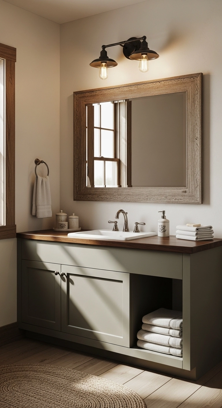 Farmhouse bathroom ideas with a vintage-style vanity light and warm decor