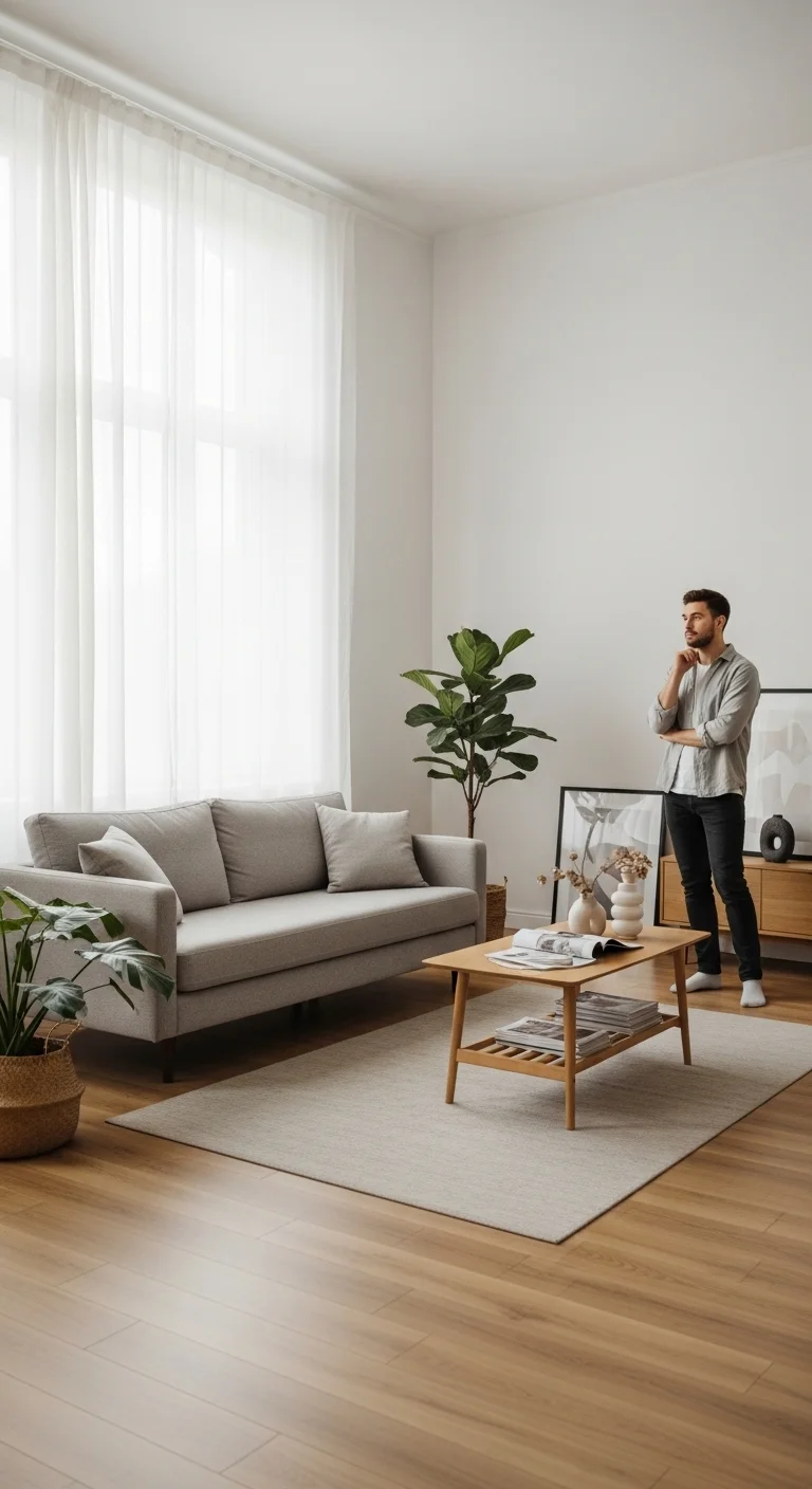 New homeowner checklist showing homeowner planning decor in living room