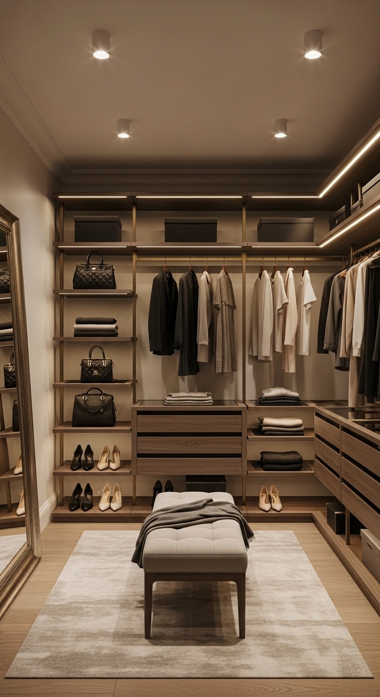 Walk in closet ideas with an upholstered bench and luxury storage layout