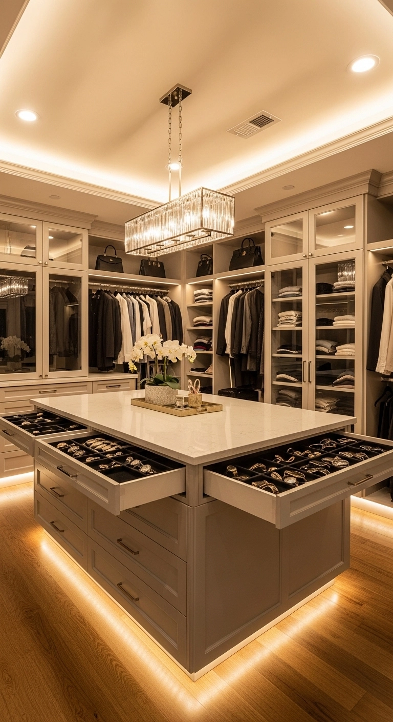 Walk in closet ideas featuring a center island and elegant organized cabinetry