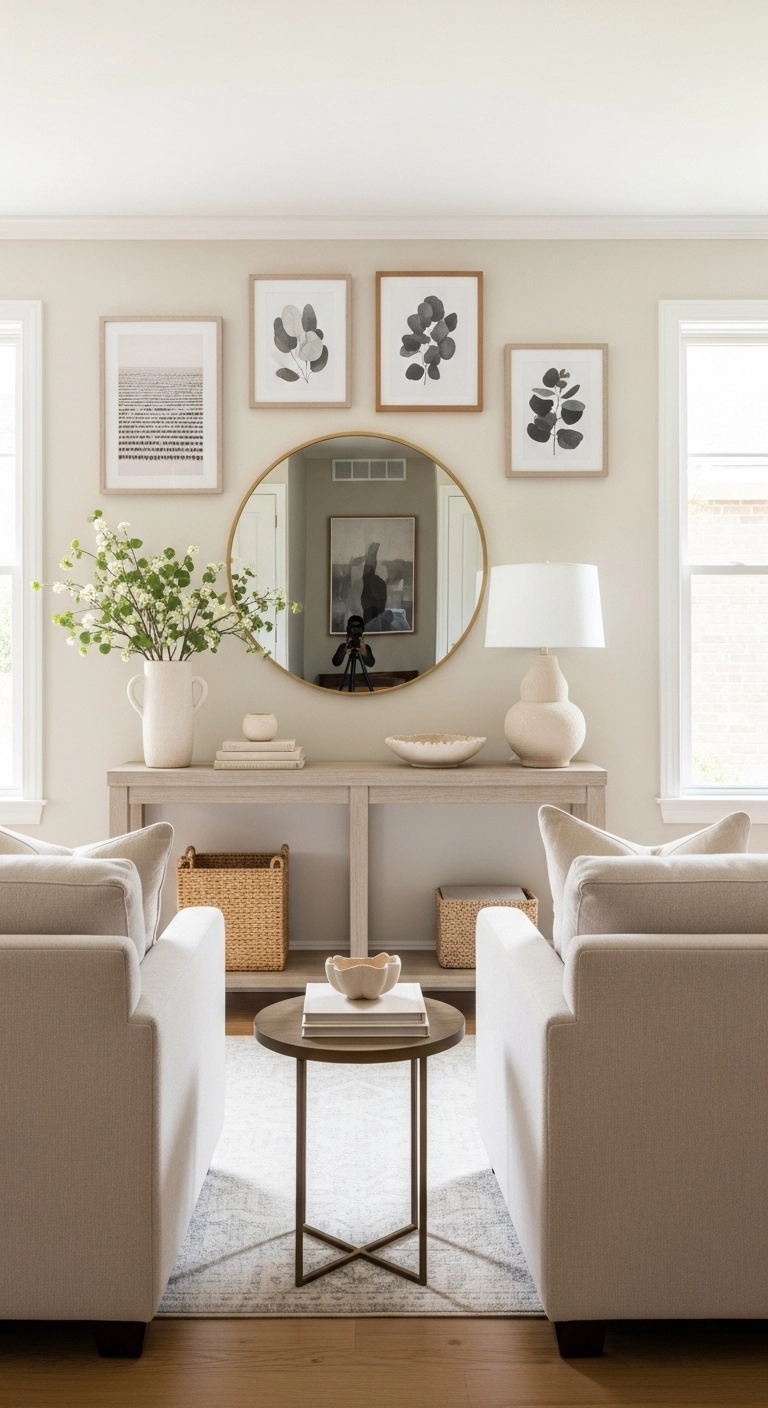 living room decor ideas with wall art and mirror styling