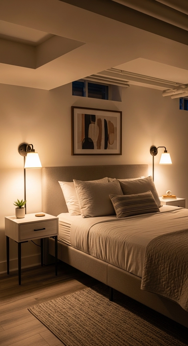 basement bedroom ideas with wall-mounted bedside sconces