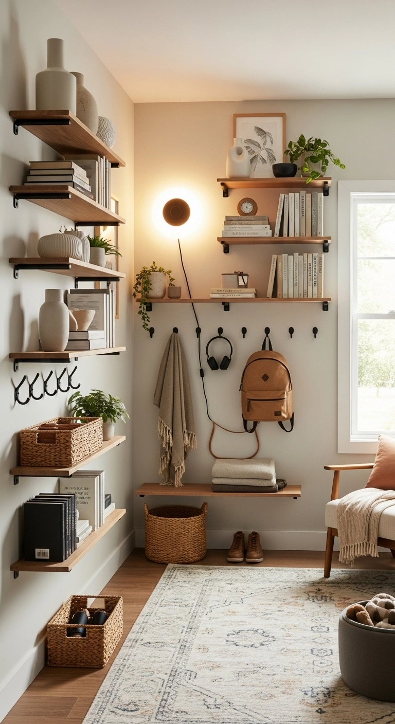 small room decor ideas using wall storage to keep the floor clear
