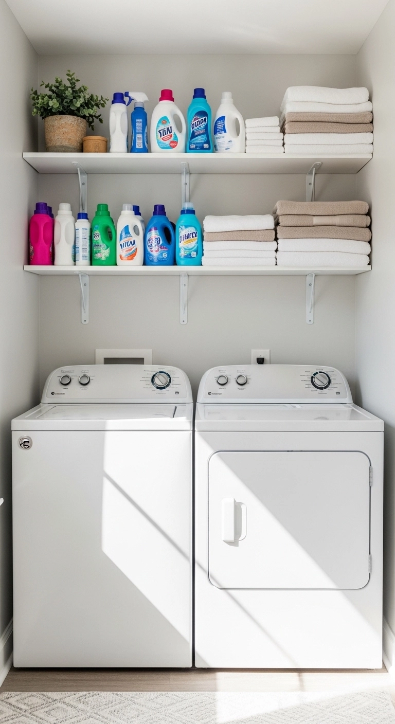 Small laundry room ideas with wall shelves and tidy vertical storage