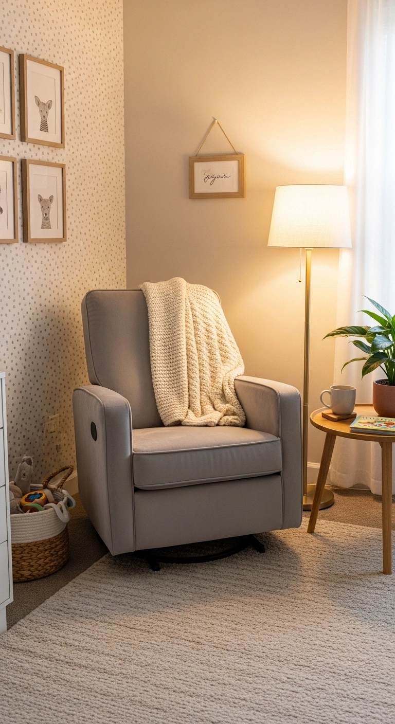 Small nursery ideas with wall shelves and clear floor space