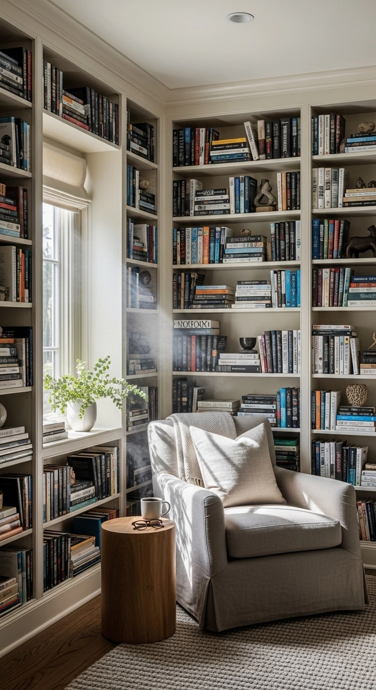 Library room ideas with wall-to-wall bookshelves and a cozy reading chair