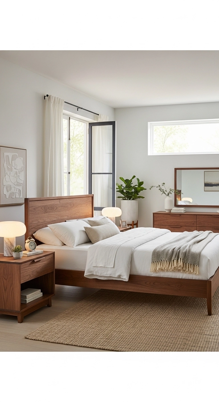 Brown bedroom ideas with walnut wood furniture and warm white bedding