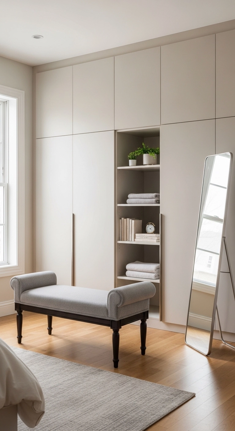 wardrobe decor ideas with a bench near wardrobe