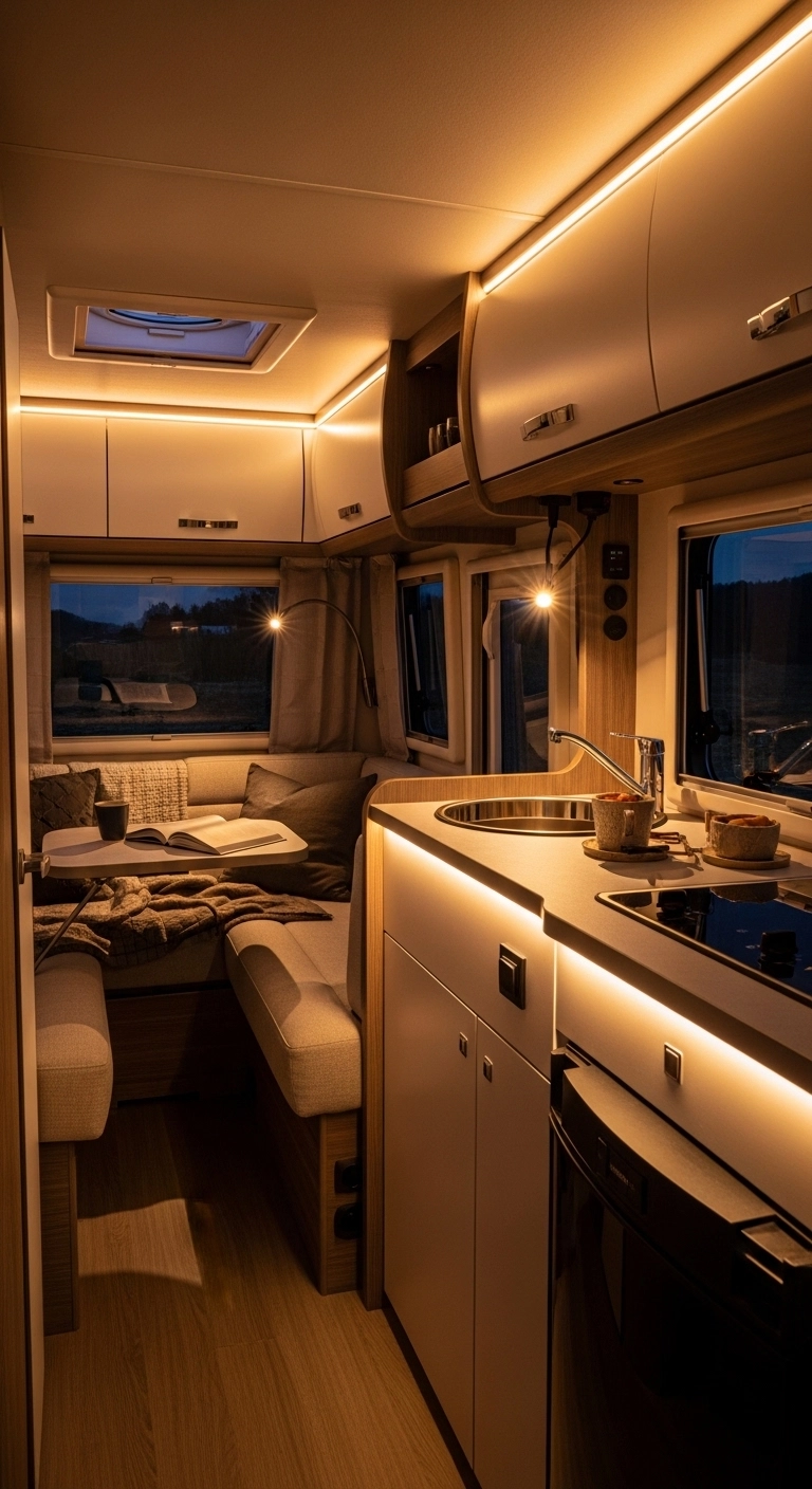 camper interior ideas with layered warm lighting and under-cabinet lights