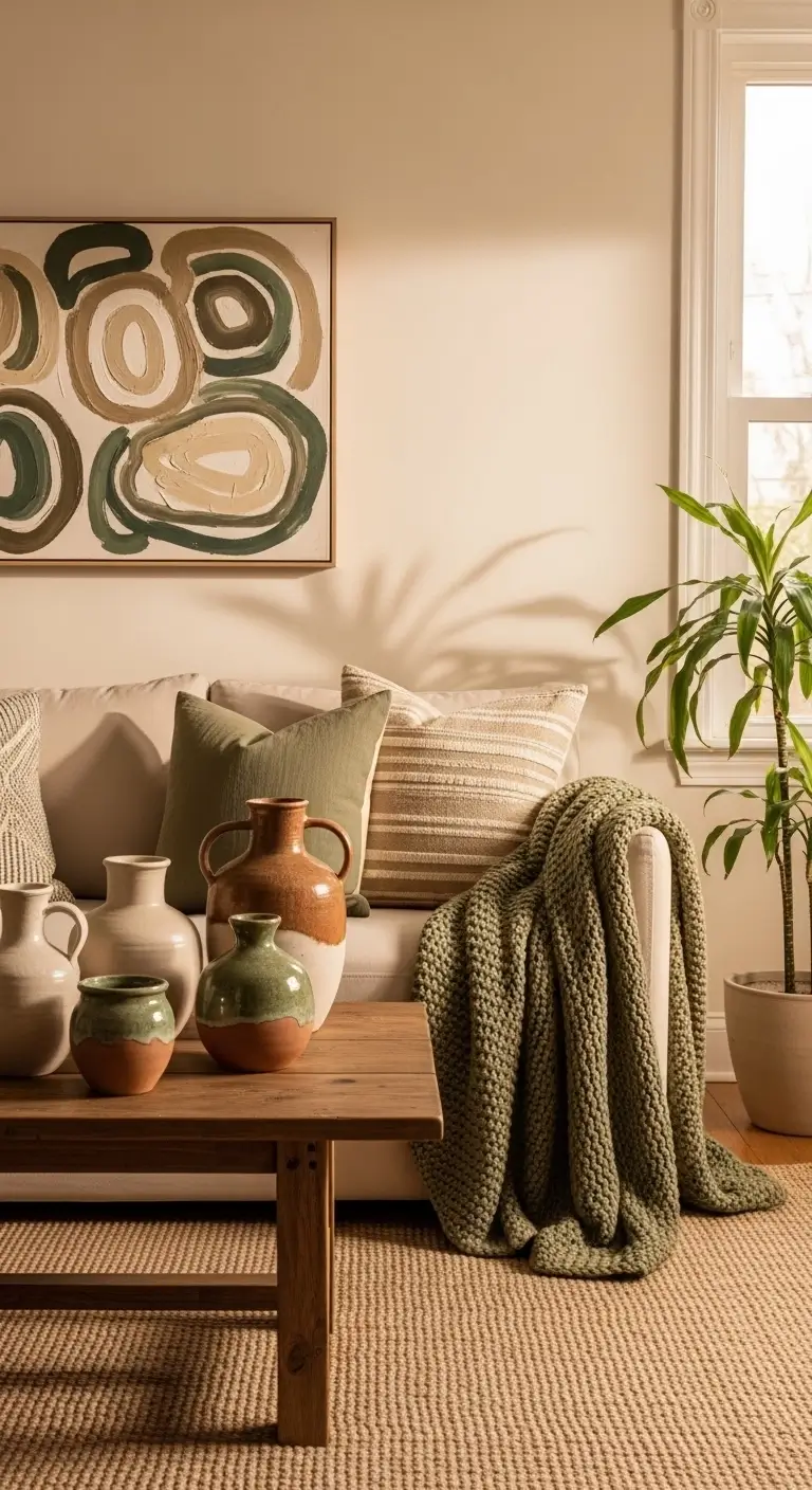 decorating a rental with a warm color palette in a cozy living room