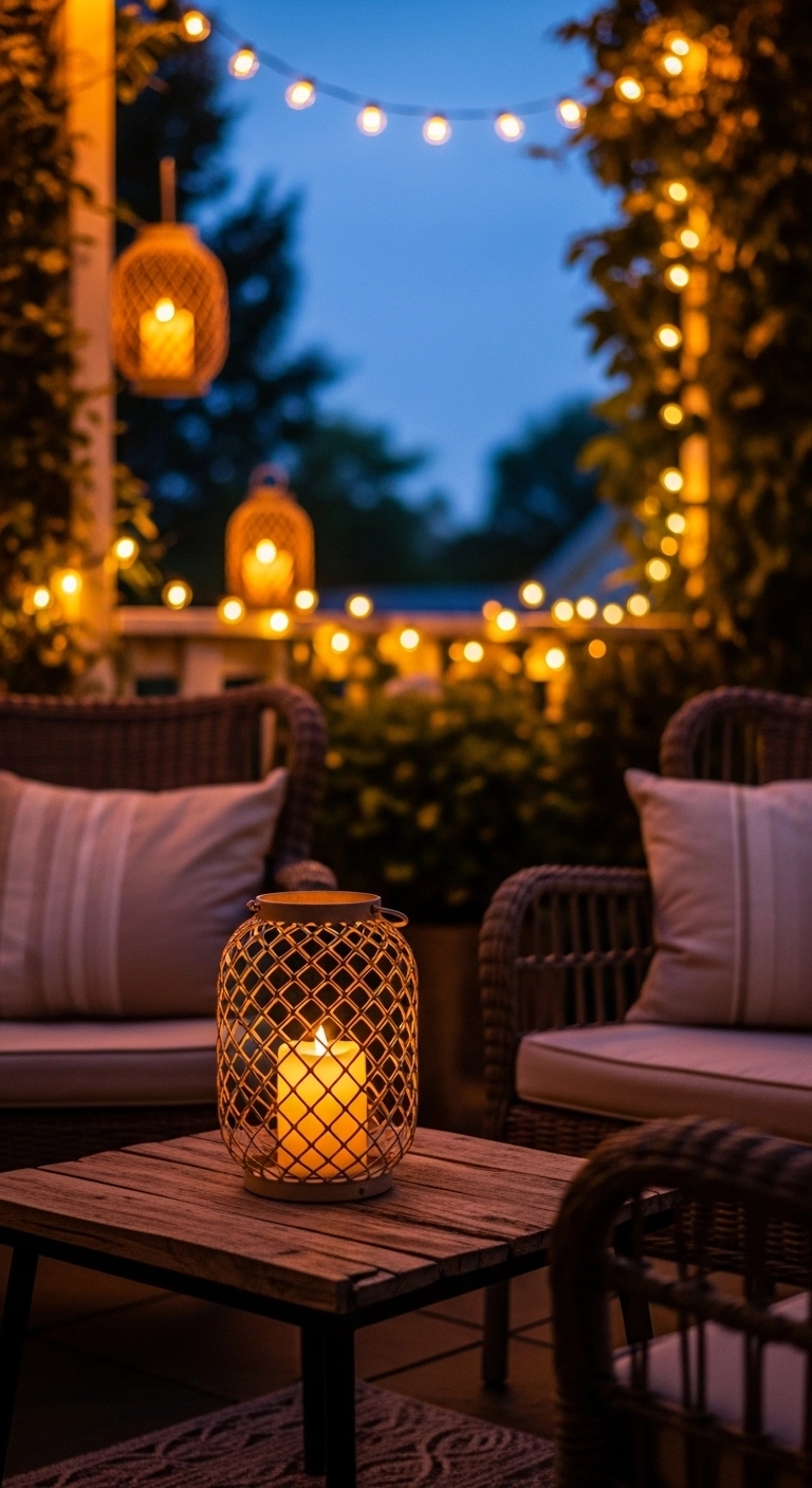 small backyard patio ideas with warm evening lighting