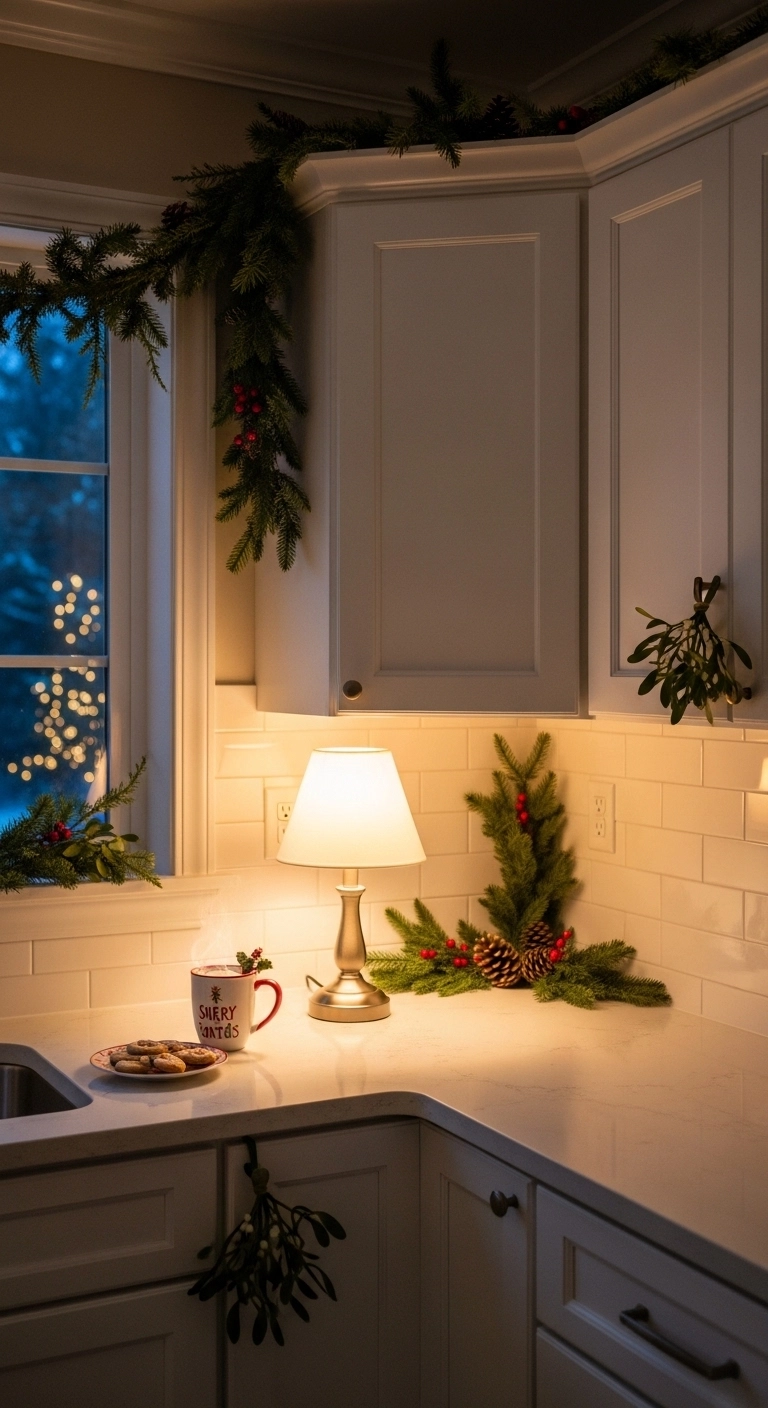 christmas kitchen decor ideas with soft warm lighting in the evening