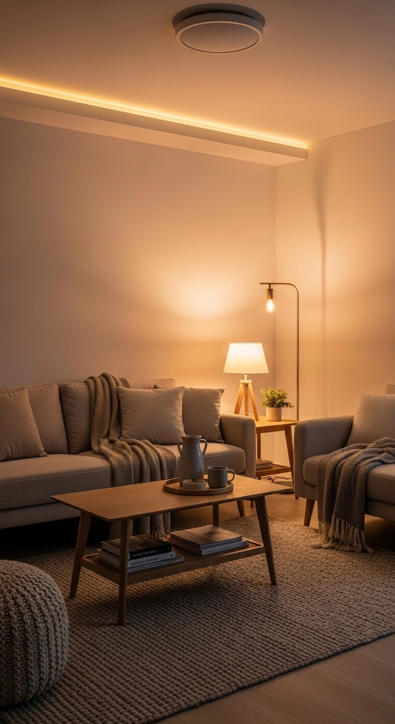 house decor with layered lighting in a warm stylish living room