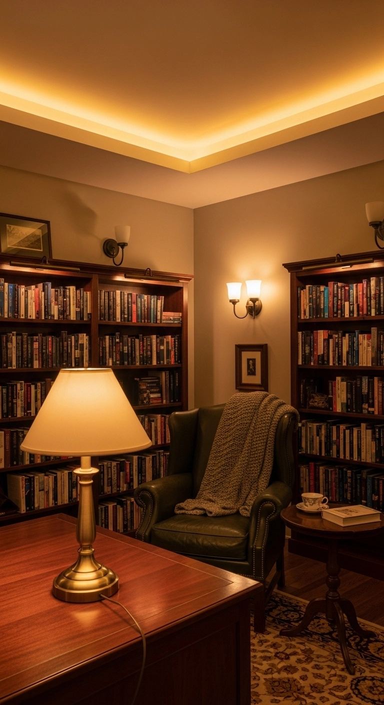 Library room ideas with layered warm lighting and a calm reading setup