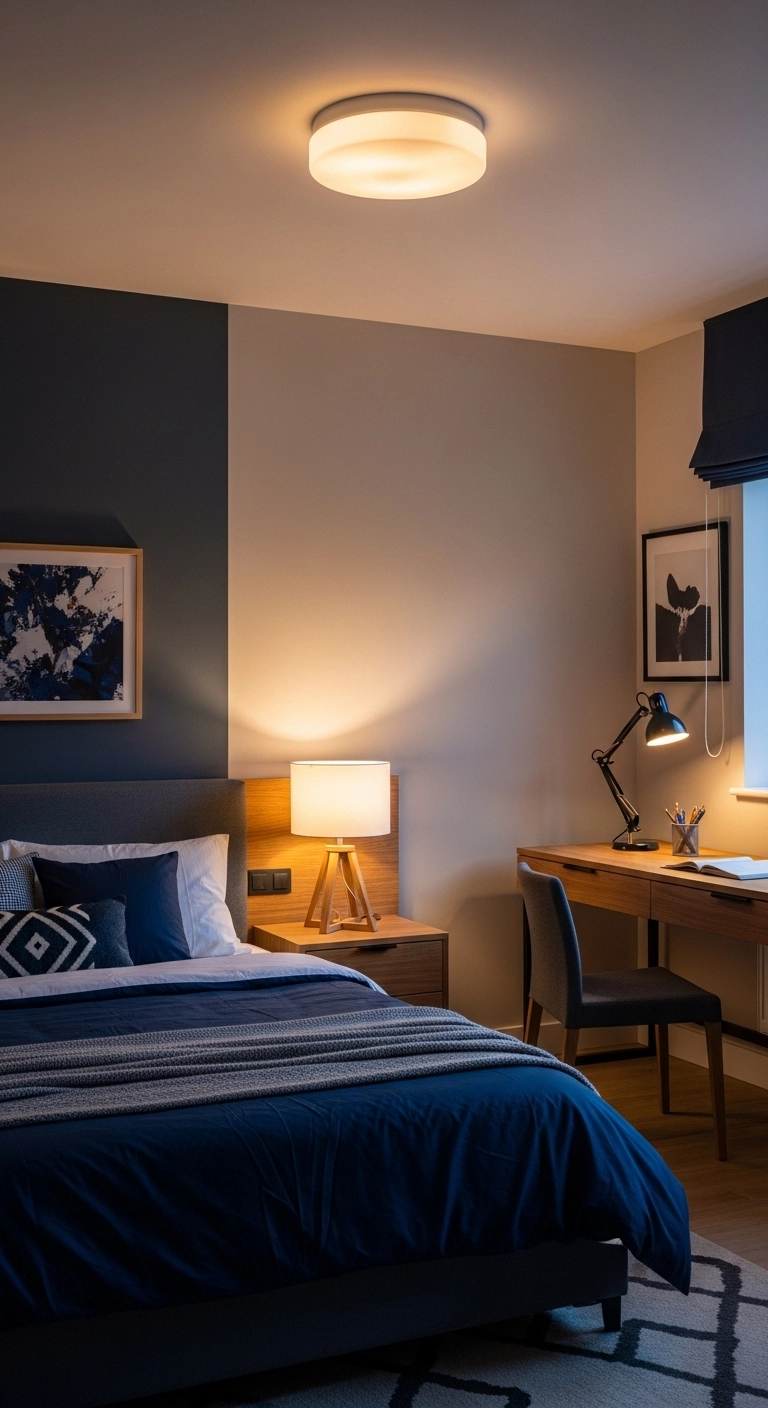 boys bedroom ideas with warm layered lighting and cozy modern decor