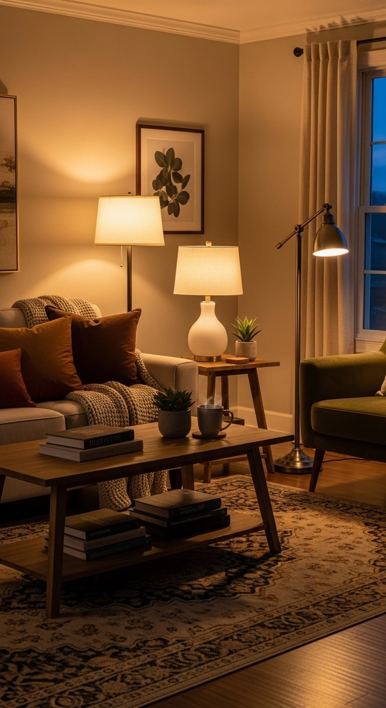 easy home decor updates with warm white lighting in a living room