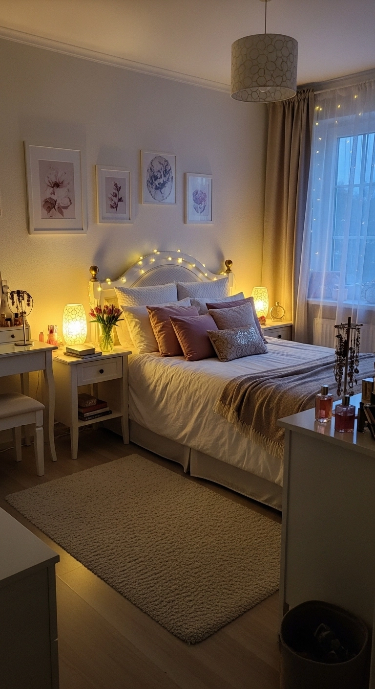 girly room dcore ideas with warm bedroom lighting and cozy evening glow