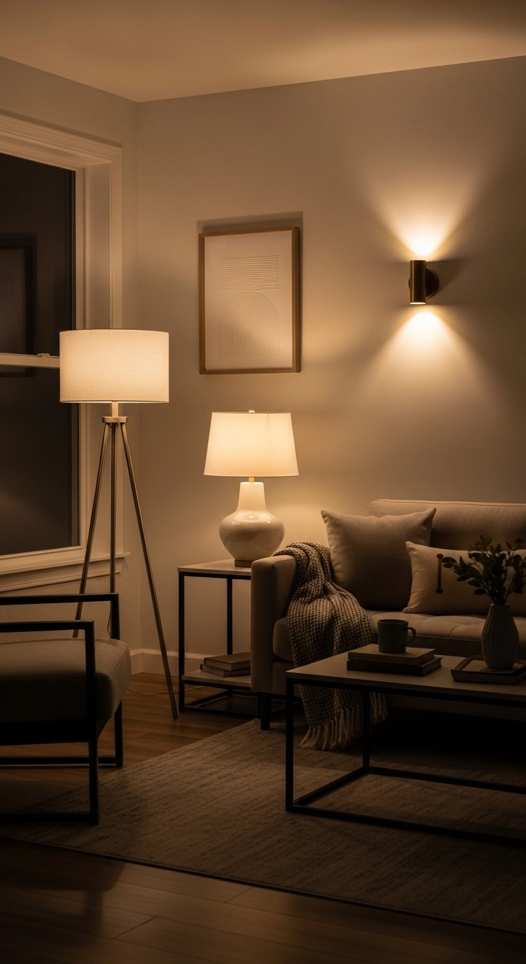 Soft lamps replace harsh ceiling light and make the rental feel calm and inviting at night.