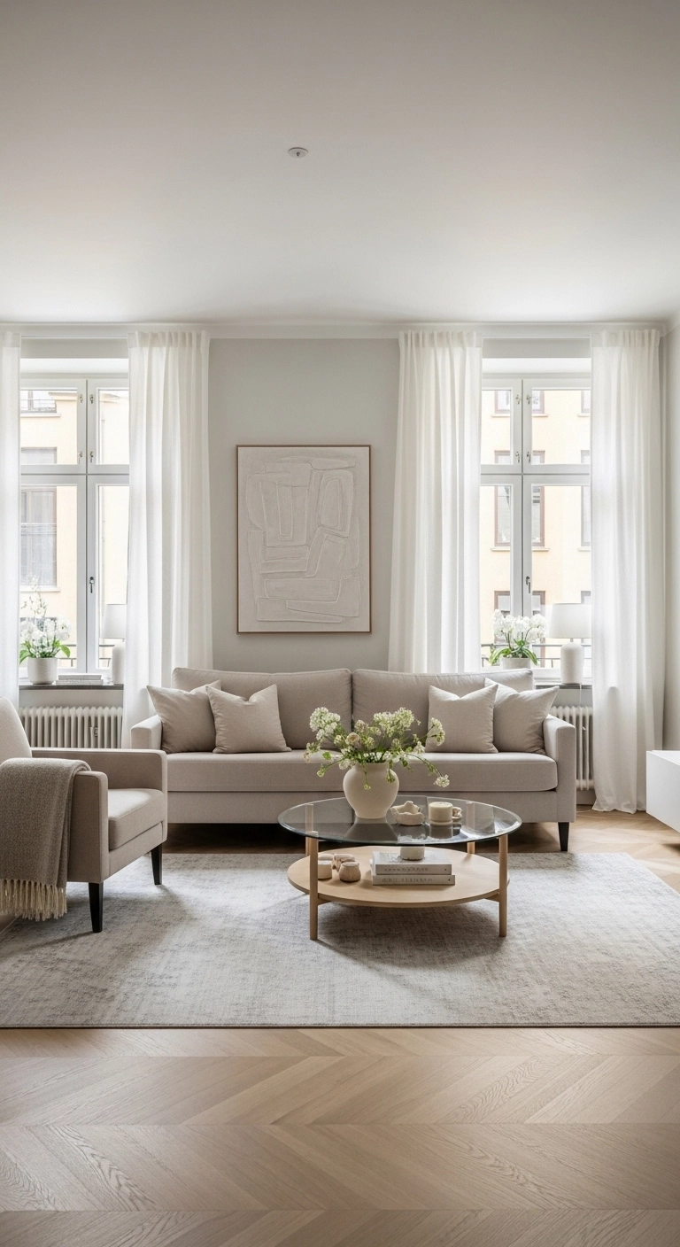 living room curtain ideas with warm white linen curtains in a bright neutral room