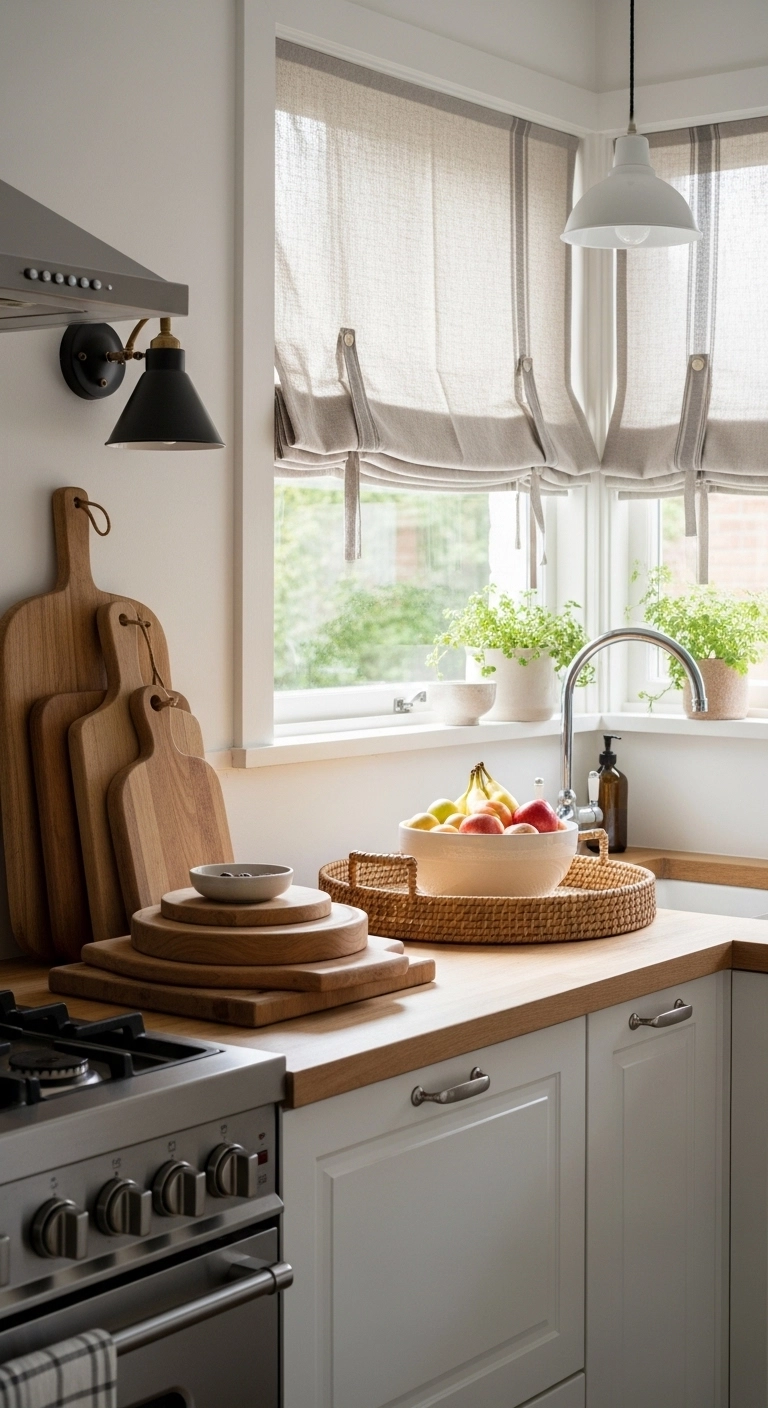 galley kitchen ideas with warm wood and woven accents