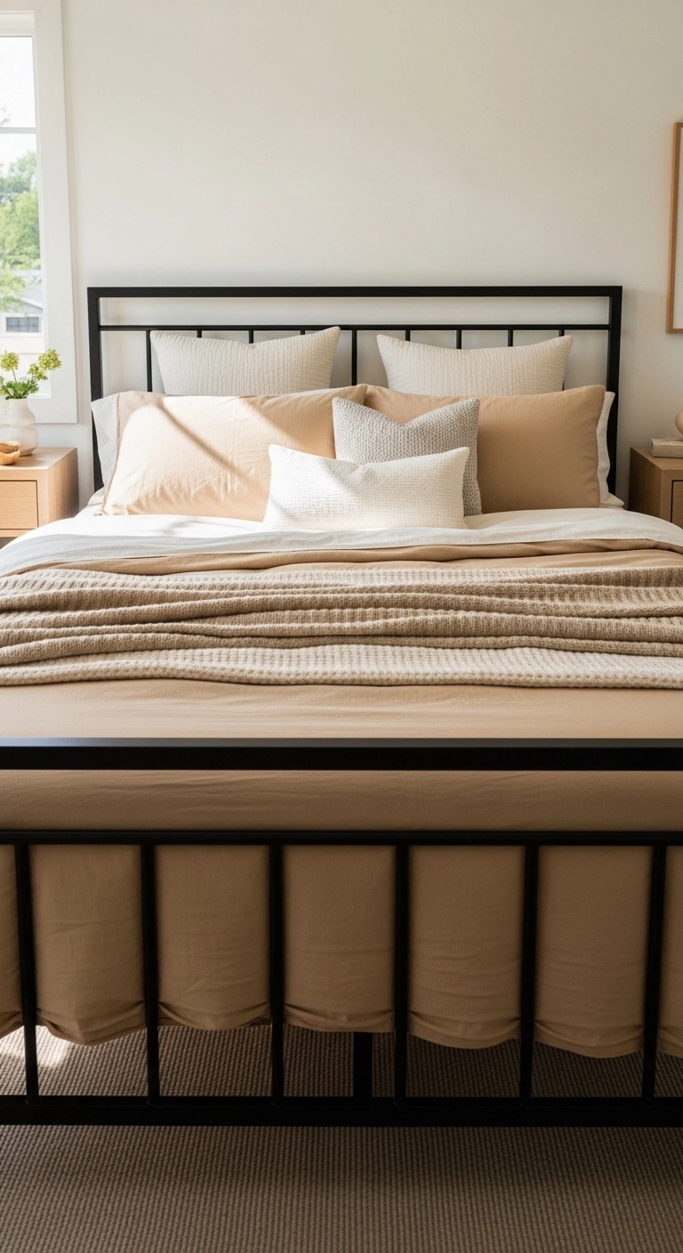 metal bed frame bedroom ideas with warm neutral bedding and wood nightstands