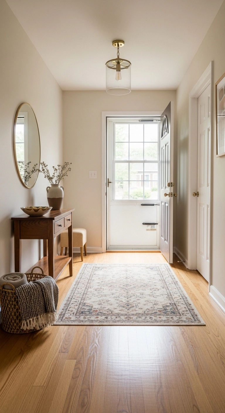 Entryway decor ideas with a soft rug in a clean and welcoming entrance
