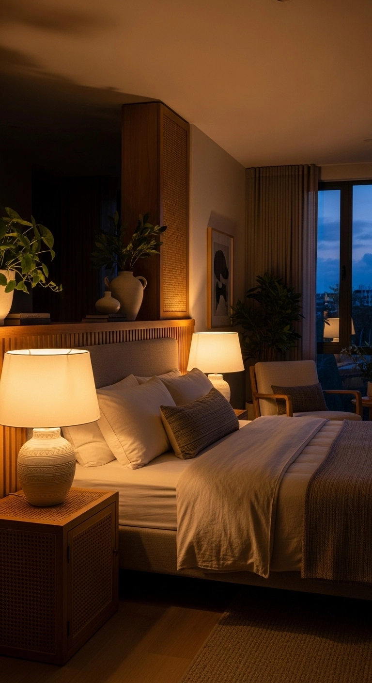 spa bedroom ideas with warm layered lighting in a calming room