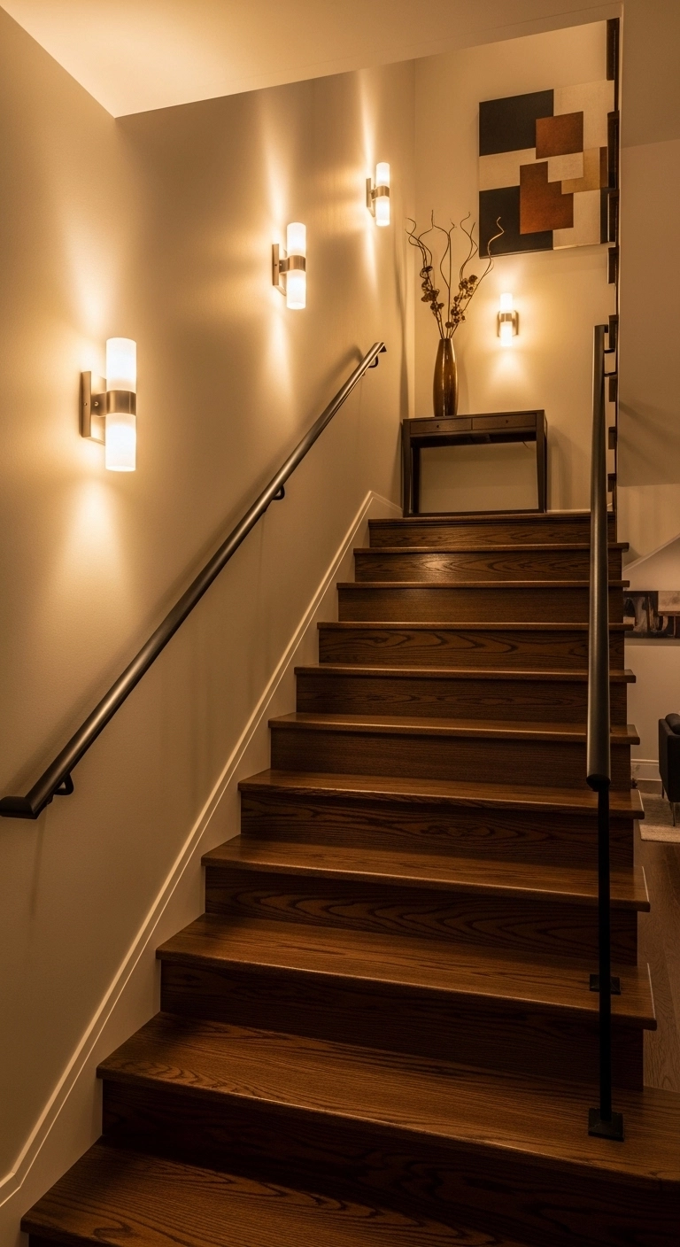 staircase decor ideas with warm sconces lighting the stairs