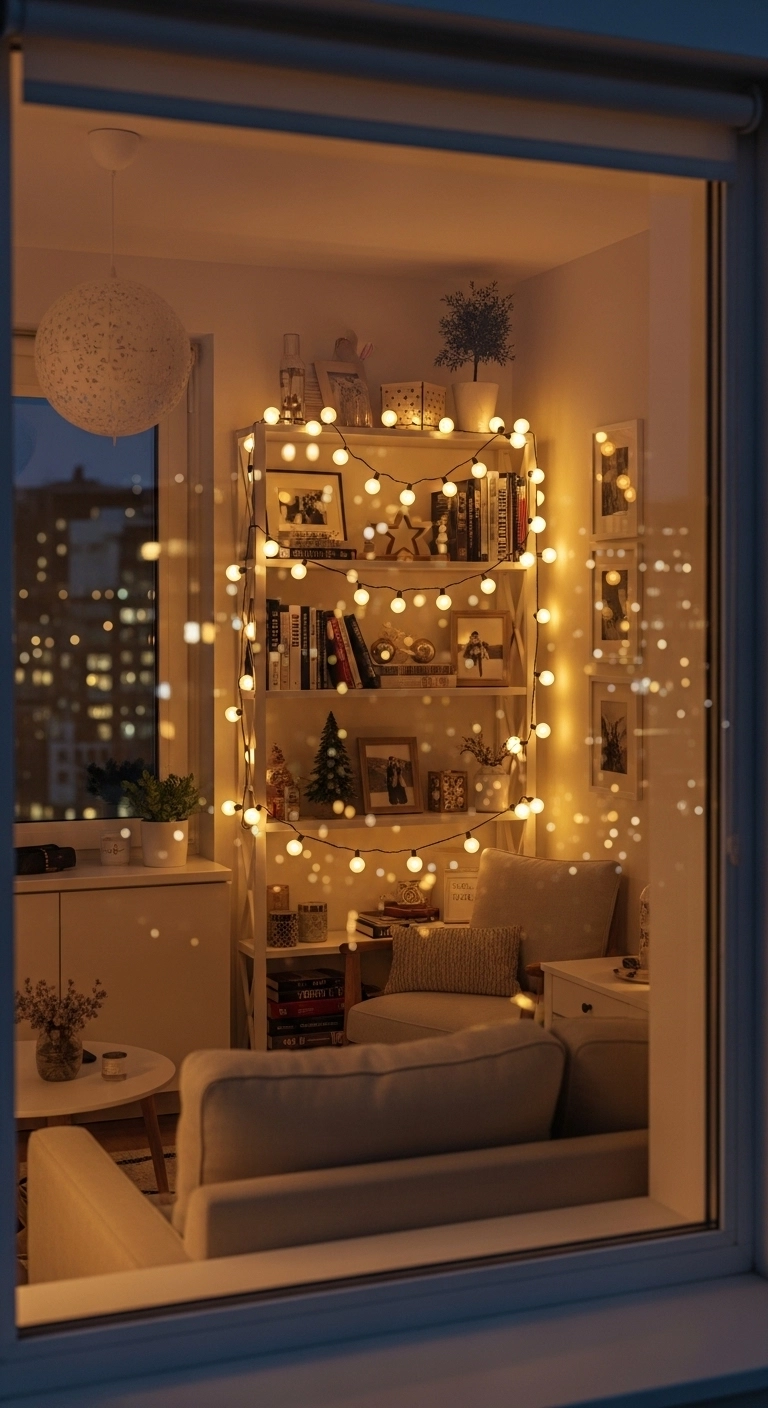 christmas apartment decor with warm string lights on a window and bookshelf