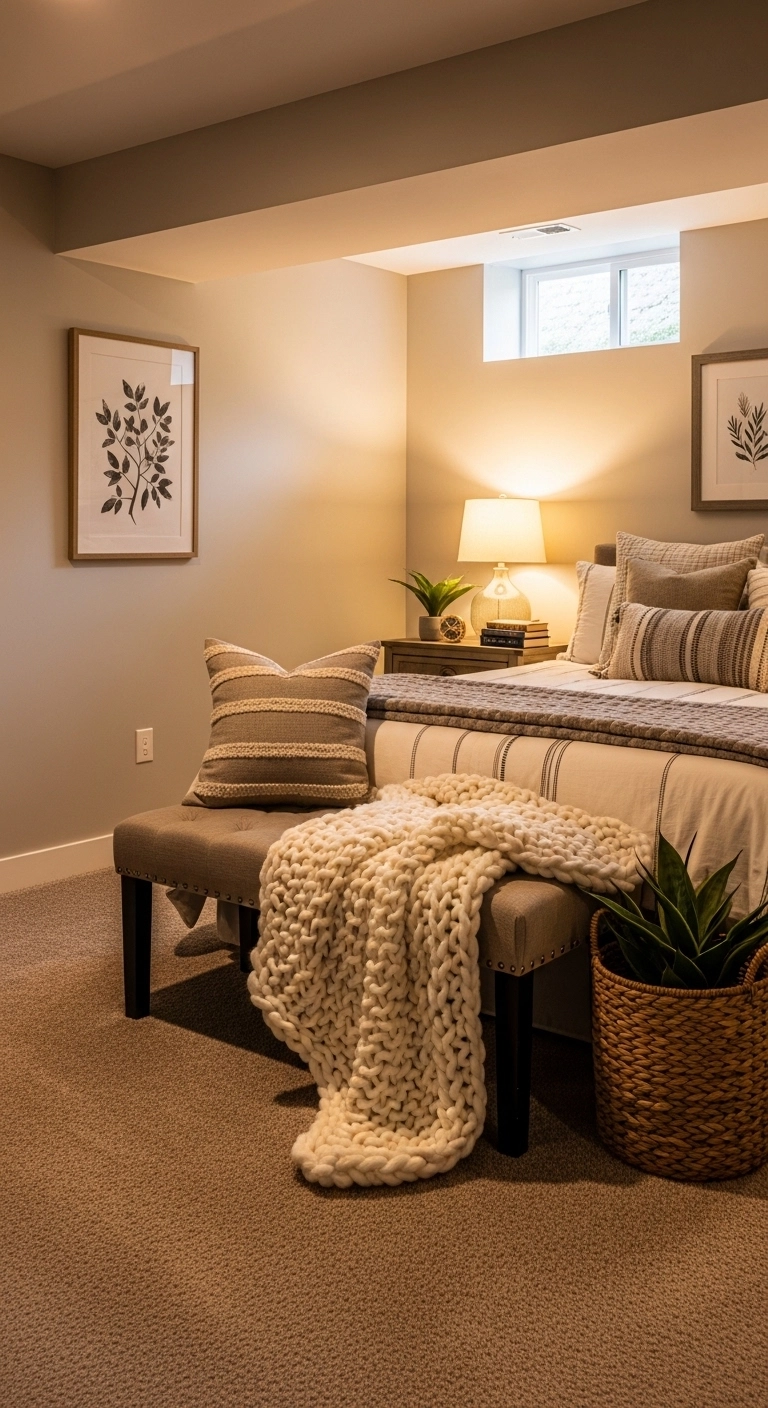 basement bedroom ideas with layered textures and warm cozy decor