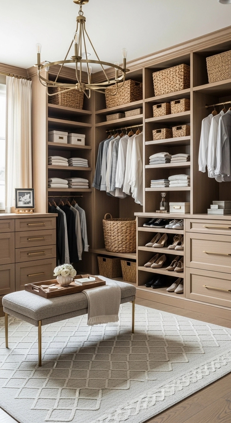 Walk in closet ideas with warm wood tones, baskets, and textured finishes