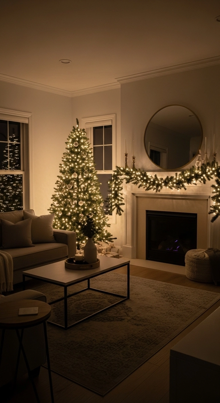 living room christmas decor with warm white lights and mantel garland