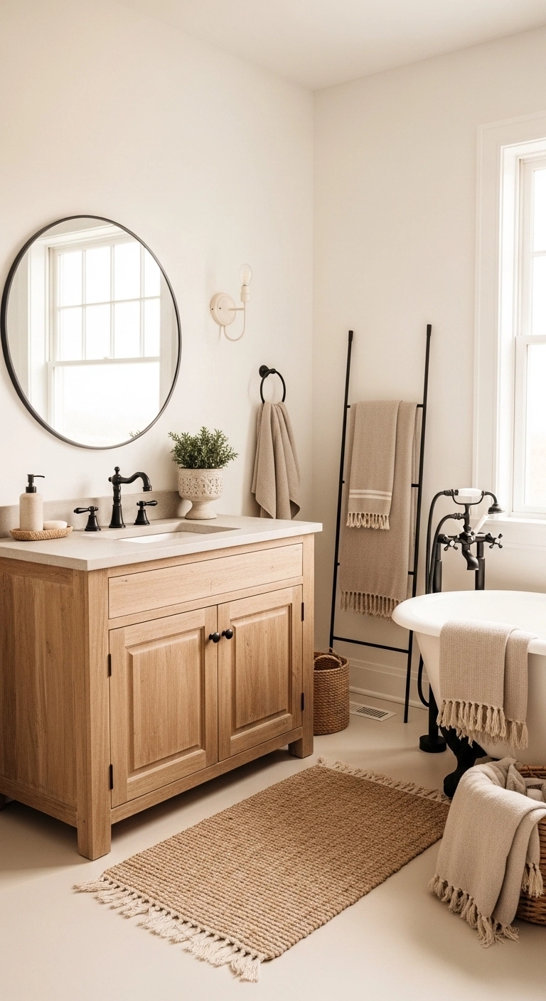 Farmhouse bathroom ideas with soft warm white walls and rustic wood accents