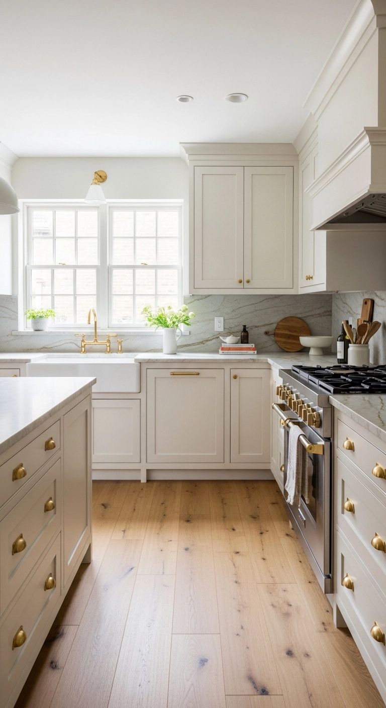 Kitchen cabinet ideas with warm white cabinets, oak floors, and brass hardware