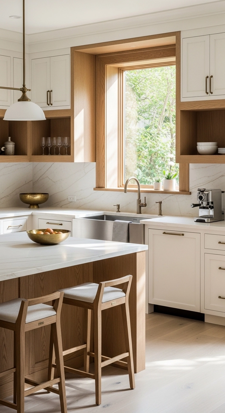 Kitchen ideas with warm white cabinets and oak accents