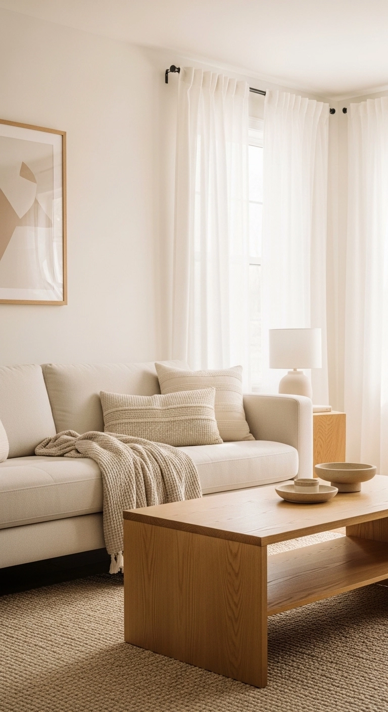 White living room ideas with warm white walls and oak accents